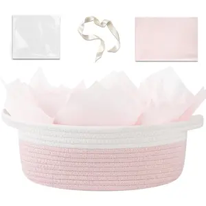Gift Basket Empty with Handle, 12"x 8"x 5" Small Woven Basket with Gift Bag, Ribbon and Wrap Tissue Paper, Dog Toy Storage for Organizing - Pink & White