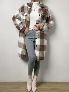 Women's Fall Winter Plaid Coat, Loose-Fit Long Jacket with Single Button Front, Modern Style Fleece Lined Outerwear, Womenswear