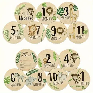 Wooden Monthly Milestone Card, 7 Counts/set Animal Pattern Double-sided Milestone Card, Birthday Gift for New Parents