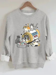 Women's Casual Cartoon Cat Sweatshirt, Soft Long Sleeve Round Neck Pullover, All-Season Comfort, Durable Fabric, Funny Sweatshirt