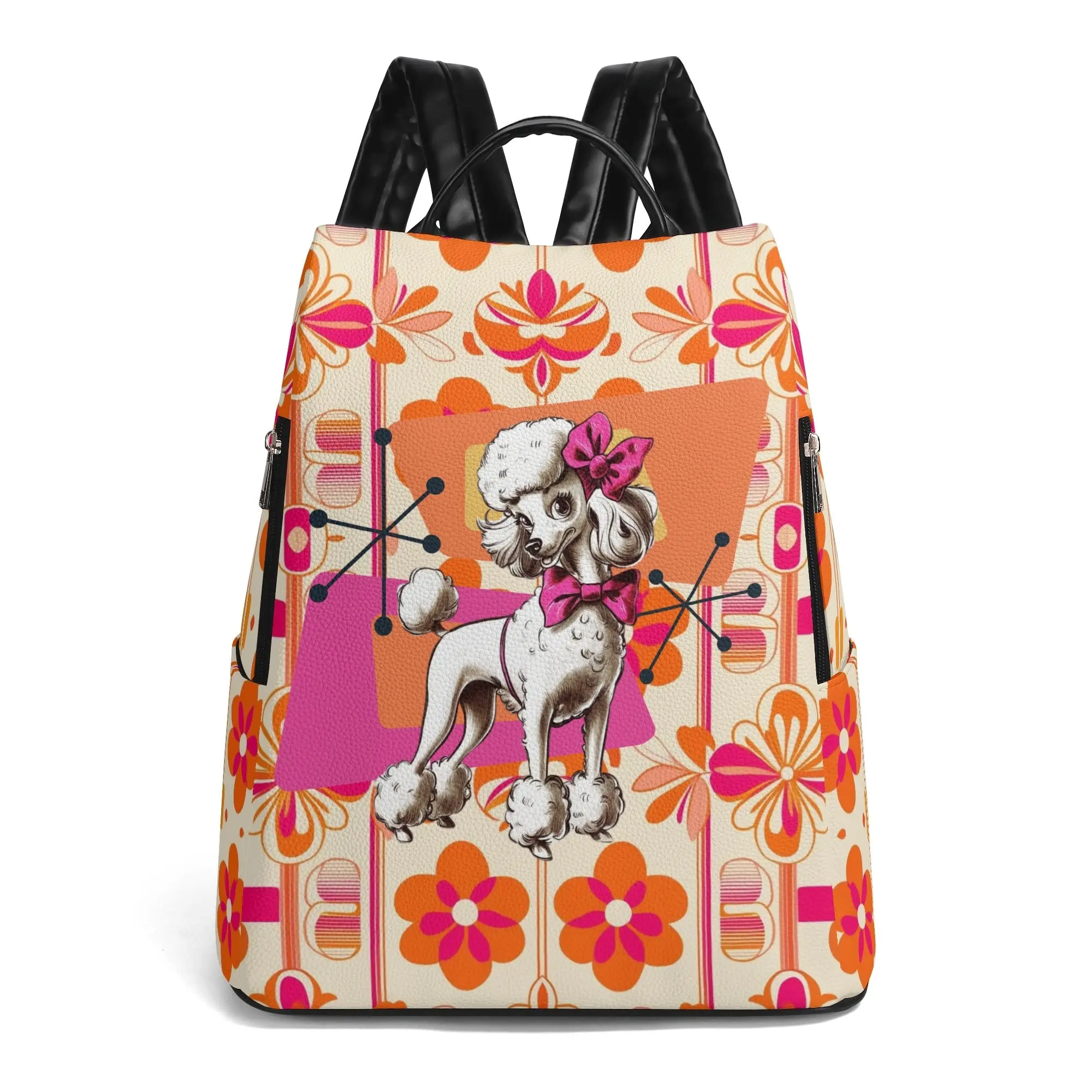 Atomic 50s Kitschy Poodle, Hot Pink Orange  Mid Mod  Travel Daypack Anti-theft Backpack