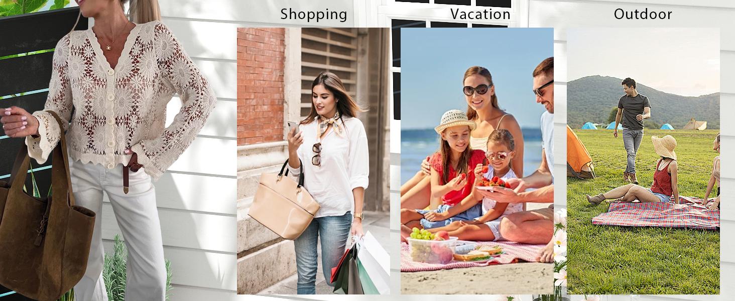 utcoco Womens Beach Vacation Crochet Knit Crop Cover Up Swimwear Sexy Hollow Out Long Sleeve Button Down Shirt Tops SpringStatements