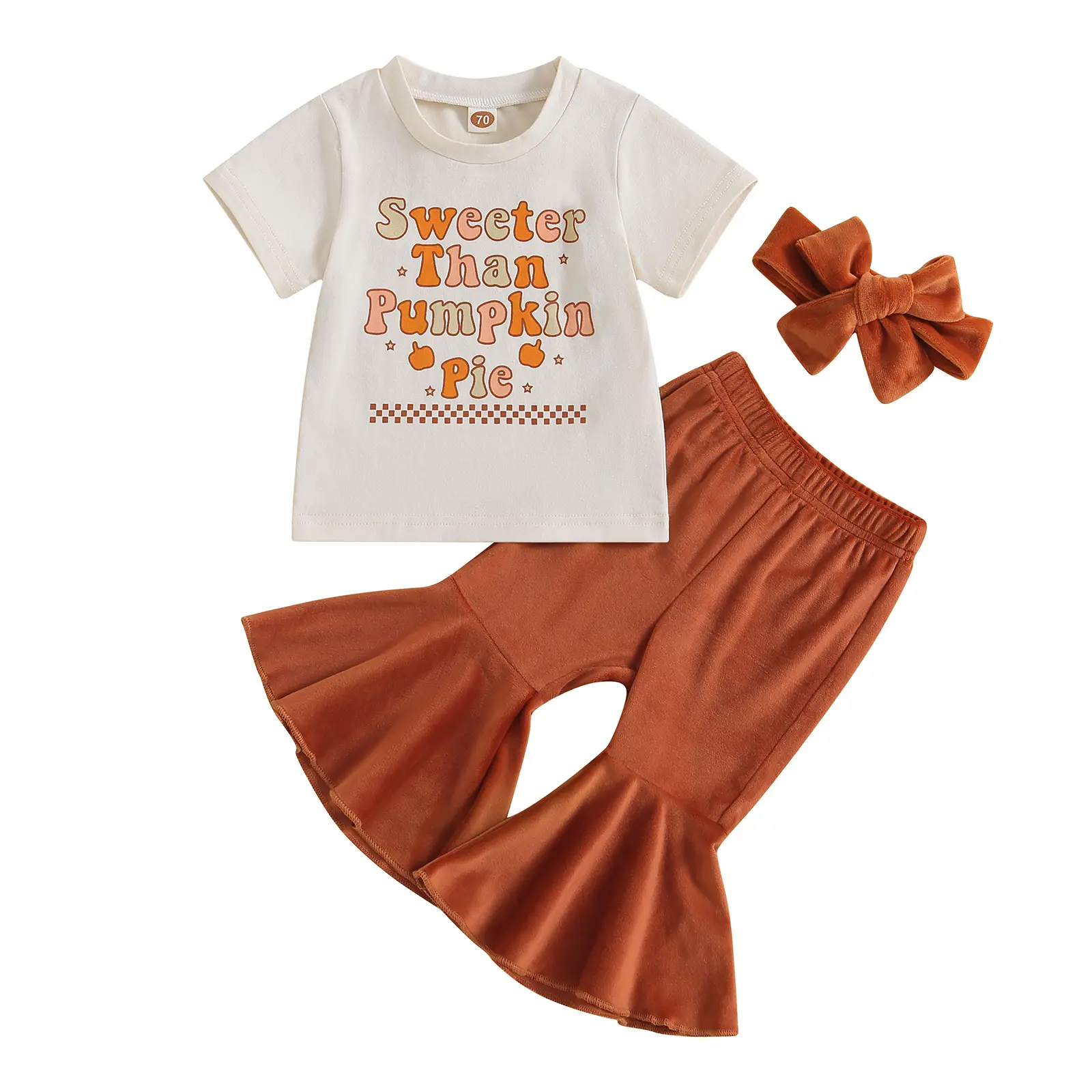 Canrulo Baby Girl Halloween Outfit Pumpkin Short Sleeve Letter Print Tops Flared Pants Headband Set 3Pcs Fall Clothes