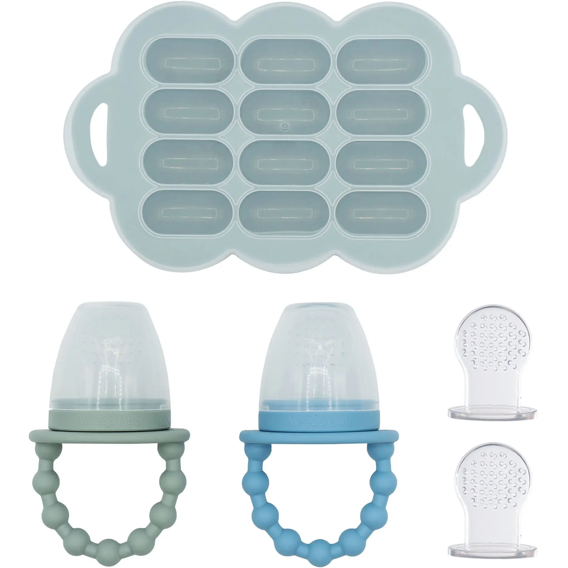WeeSprout Silicone Baby Food Feeders + Freezer Tray for Batch Prep, Double as Teething Toys, 2-Pack