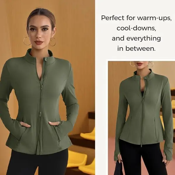 Women's Athleisure Sporty Casual Long-Sleeve Running Style Sports Jacket - Fisoew Slim-Fit Full-Zip, Moisture-Wicking, Lightweight, Breathable, Thumbholes, Pleated Back, Running Style Women's Sports Jacket