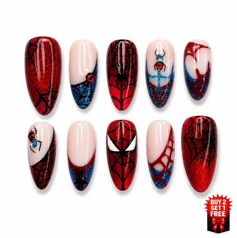 [BUY 2 GET 1 FREE] Handmade Cat Eye Spider Hero Press On Nails | Red Blue Comic Web Design Art| Spider Silk Glossy Reusable False Nails | Almond Shape | Trending Nails Inspo Movie