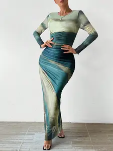 2026 New Women's Chic Round Neck Long Sleeve Mesh Gradient Print Ruched Bodycon Maxi Dress, Sexy Tight Fit Party Dress, Ink Wash Slimming Design