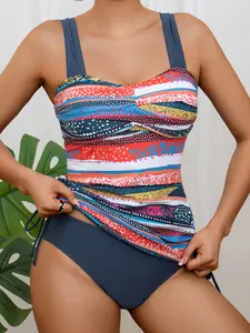Vacation Style Two-Piece Swimsuit Set Colorful Striped Waist-Cinching Tummy-Covering Top & Front-Pleated High-Waisted Bottoms Separate Swimwear