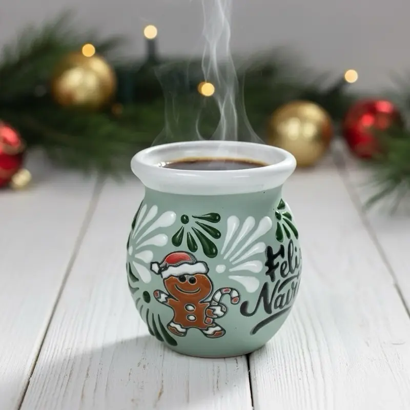 Talavera Green Christmas Mug – Lead Free – “Feliz Navidad” Gingerbread Mug
