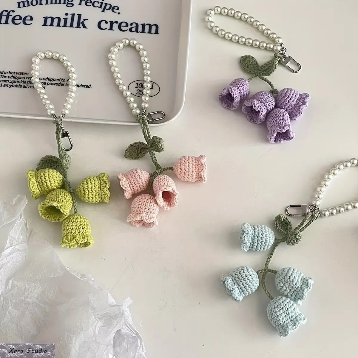Handmade Synthetic Soft Knit Orchid Keychain - Coquette Crochet Floral Bag Charm with Pearl Chain, Portable Casual Women's & Girls' Gift, Lightweight Easy Clip-On Fashion Accessory, Cute