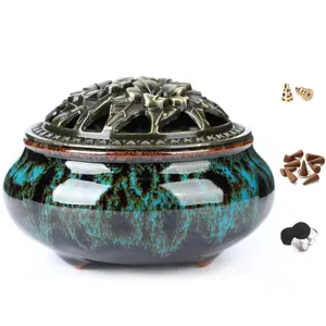 Ceramic Incense Burner with Incense Stick Holder + Insulation use for Stick or Coil Incense, Sage Cones and Frankincense (Fambe Blue) Scent Scented