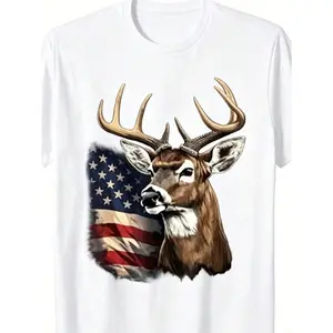 【FathersDayGift】Men's Patriotic Deer Hunting T-Shirt Whitetail Buck & Design, Regular Fit, Casual Style, Machine Washable