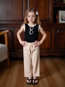 Girls Color Block Vest with Striped Texture, Stylish Casual Outfit Set with Straight Pants for Summer Outings, Fashion Clothes Set, Comfortable and Trendy, Fine Girls Outfit