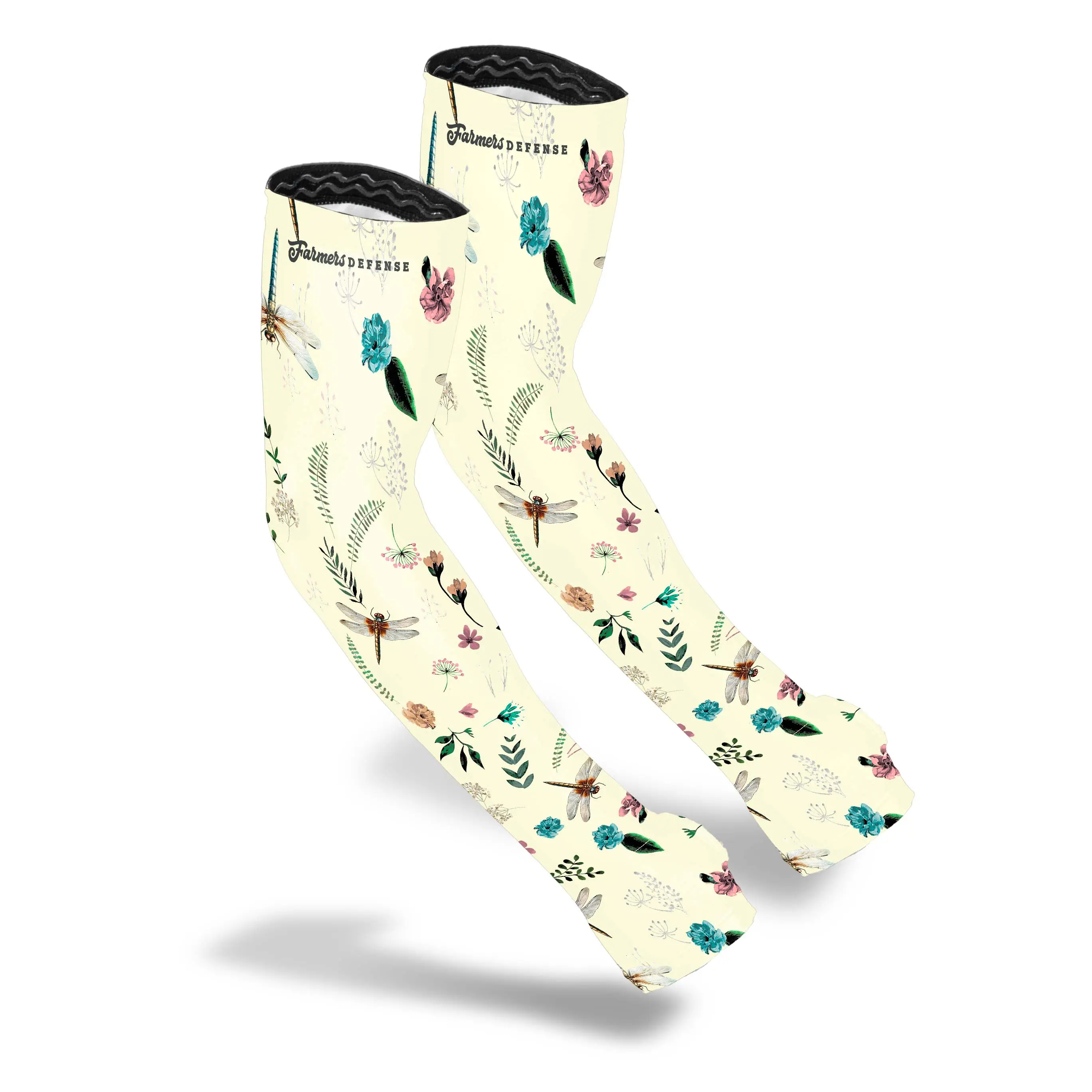 FARMER'S DEFENSE Gardening Arm Sleeves | UV Cooling Protective Sleeve Women & Men | Anti-Scratch Cover Sun UPF Outdoor Protection - Dragon Fly Meadow Cream