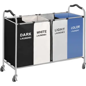 Laundry Basket, Large Laundry Hamper with Wheels, 4 Section Laundry Bag for Dirty Clothes, Towel Organizer & Toys Storage Cart in Laundry Room Organization (4 Section Blue)