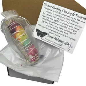 Reiki Charged Protection Gift Set with 7 Chakra White Sage Bundle & Amethyst Crystal Chips, Crystal Healing Kit for Spiritual Cleansing, Holiday and Birthday Gift, Stocking Stuffer