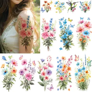Watercolor Flower Temporary Tattoos For Women Girls-12 Large Realistic Fake Tattoo Sleeve Festival Accessories 12 Small Flower Butterfly Tattoo for Adult