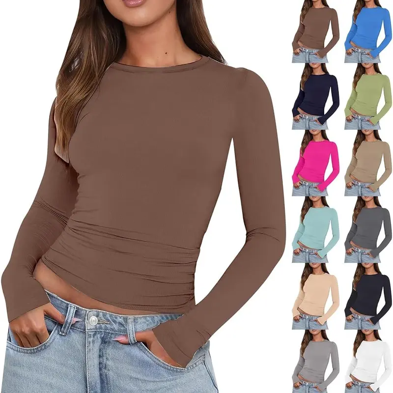 Women's Minimalist Crop Top - Round Neck, Slim Long-Sleeve, Fitted, Snug Waist Casual Essential T-Shirt for Daily Wear