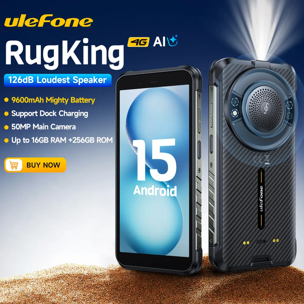 Ulefone RugKing Android 16 Rugged Smartphone, 9600mAh Battery, 126dB Loudest Speaker, 16GB+256GB 50MP Rear Camera 5.99" Tough Phone, Built-in 126 Lumens Glare Flashlight, NFC/Dual SIM/Widevine L1