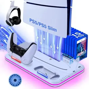 PS5 Stand with Cooling Station and Controller Charging Station for PlayStation 5 Slim Console, PS5 Controller Charger, Cooling Stand, Dynamic Light, Headset Holder for PlayStation 5 Accessories, White