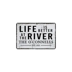 Life Is Better At The River Metal Sign With Est Date, Farmhouse Style Wall Decor, River Cabin, 12"x8"