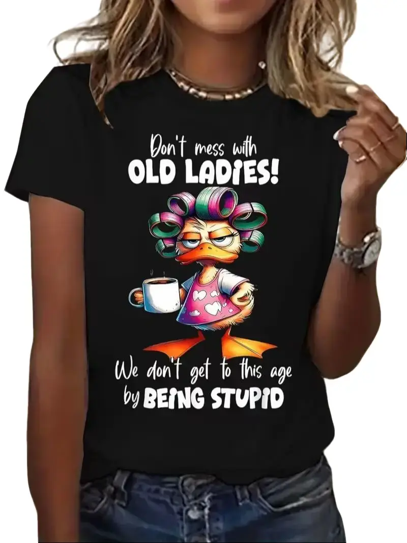 Funny Old Lady Duck Coffee Graphic Pure Cotton White T-Shirt Sarcastic Humor Casual Tee