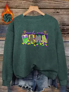 Women's Fall Winter Fitted Sweater, Casual Round Neck Knit Top, Colorful Beaded Letter Print, Fun Holiday Style Pullover