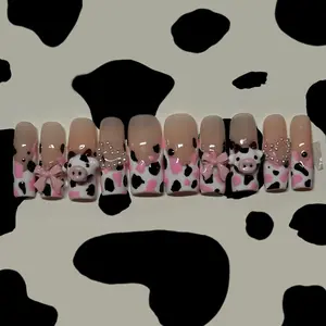 Cow Print French Acrylic Press-On Nails - Handcrafted, Durable Design, Easy Application, Up to 3 Weeks Wear, Stylish Nail Art for Home