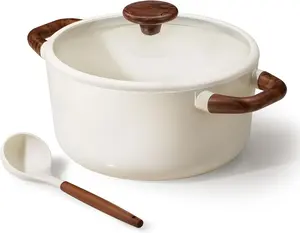 5QT Nonstick Stock Pot with Lid, 5 Quart Casserole with Ladle, Even Heating, Fits All Stoves, PFOA Free Non Stick Big Cooking Pots, White