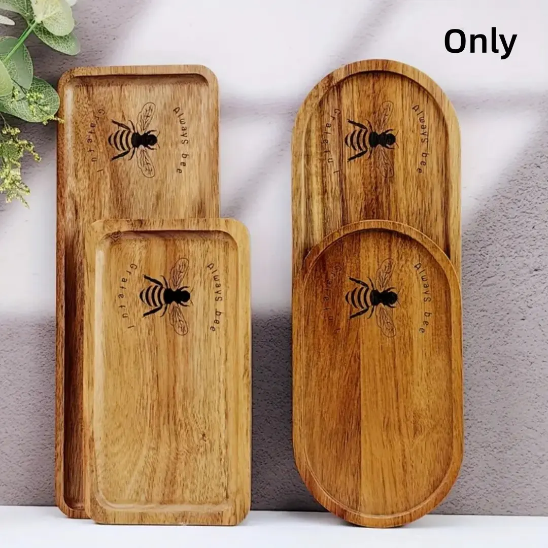 Oval Bee-Inspired Acacia Wooden Tray W/engraved Bee & Happy Bee Day Text,perfect for Breakfast,snacks,cakes,bread,versatile Kitchen&bathroom Decor,durable Wood Material,bee Decor, Food Trays, Dessert Serving Trays, Trays for eating