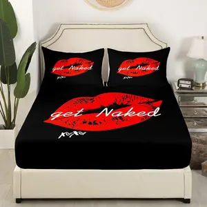 Sexy Red Lips Fitted Sheet,Get Naked Bedding Set,Couple Lover Funny Quotes Bed Sheet Set,Modern Stylish Black Red White Queen Size Bed Cover