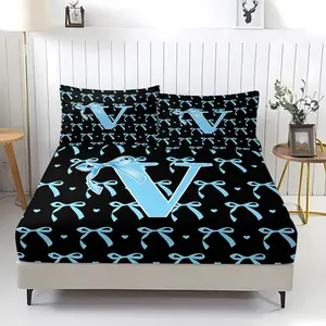 A-Z Initial Letter 3-Piece Bedding Set (1 Fitted Sheet, 2 Pillowcases), Preppy Style Bow Print, Soft Polyester Fabric, Decorative Bedsheet Sets, Cute Decor for Bedroom & Dorm, Ideal Gift for Girls, Graduation & Coming-of-Age