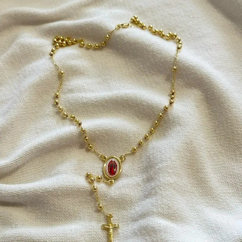 Virgen de Guadalupe Gold Tone Rosary in 24”  with Cross Pendent