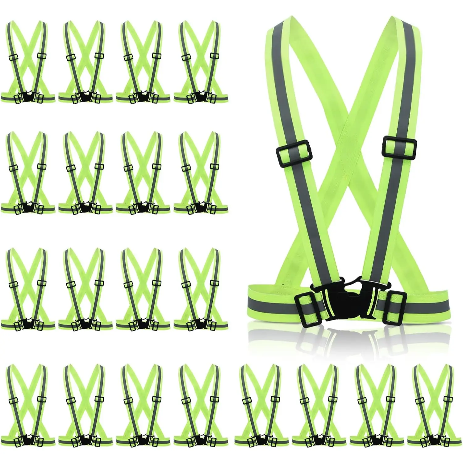 Unisex Striped Polyester Reflective Safety Vests, 20-Pack Adjustable High Visibility Neon Yellow Elastic Vests for Construction, Running
