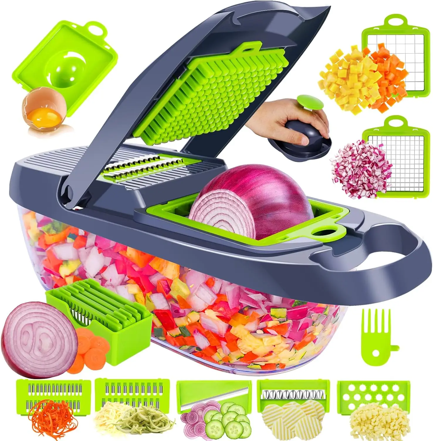 Vegetable Chopper, Multifunctional 12-IN-1 Kitchen Veggie Chopper Food Chopper with 8 Blades, Pro Onion Chopper Vegetable Cutter Slicer Dicer with Con