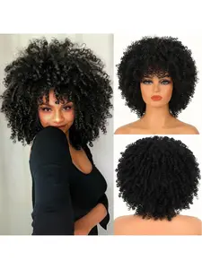 Afro Curly Wig with Bangs Synthetic Afro Wig for Black Women Natural Looking Wig Natural Glueless Heat Resistant Short Kinky Curly Wigs for Daily Party
