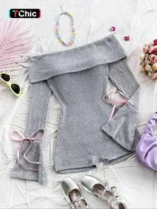 Women's Solid Ribbed Off Shoulder Flounce Sleeve Romper, Casual Fashion Cozy Romper for Daily Outdoor Wear, Women's Clothes for Spring & Fall, Casual Comfy Jumpsuit