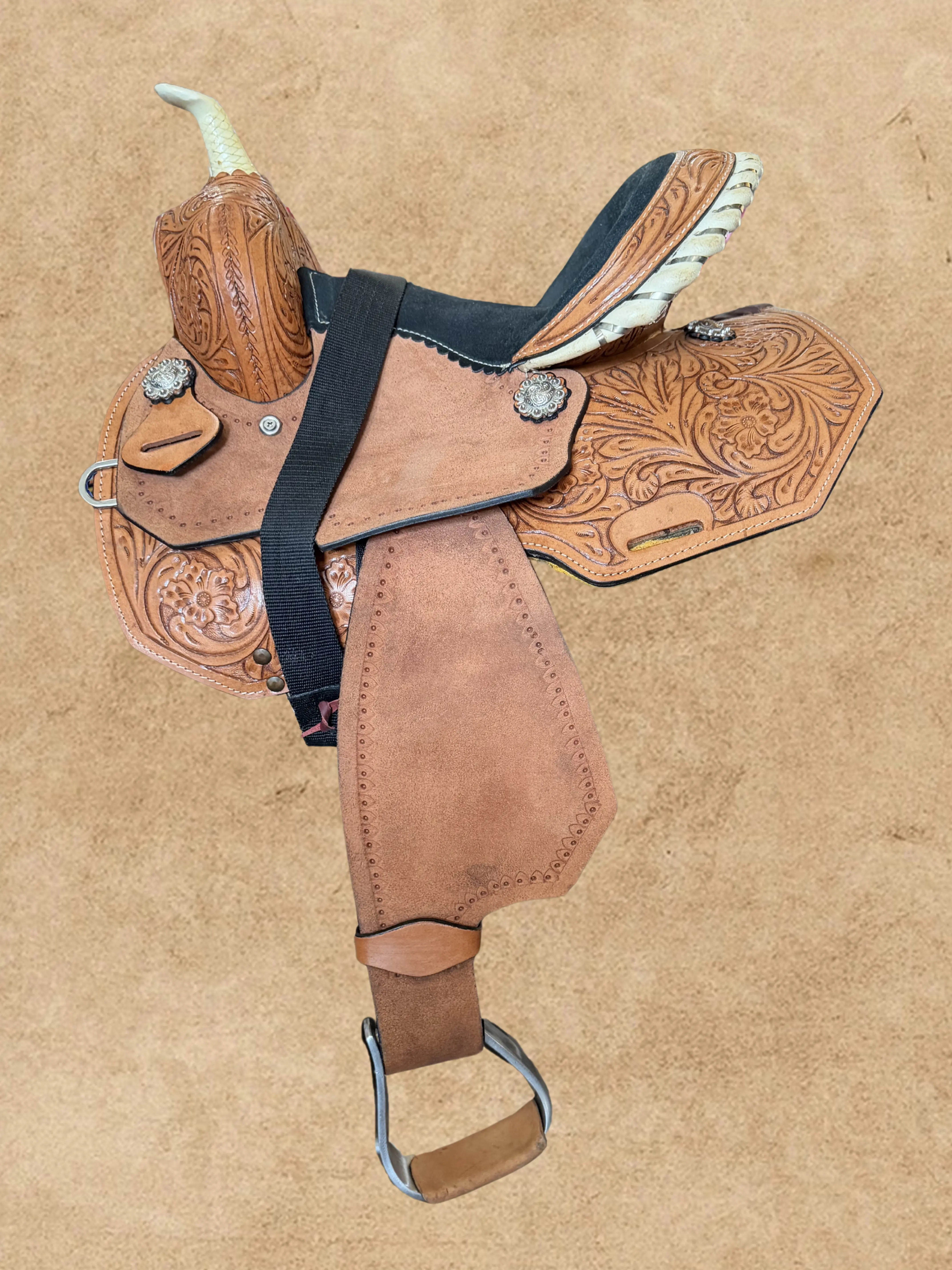 12" Youth Western Saddle | Black Suede Seat & Floral Tooled Leather