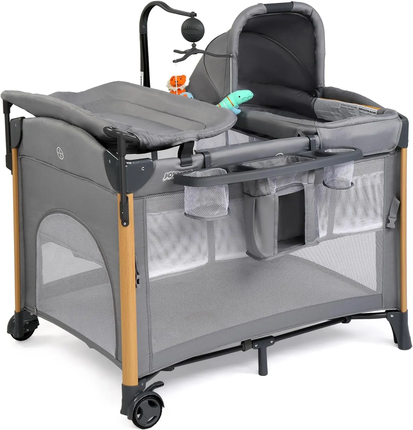 JOYMOR 7 in 1 Bedside Bassinet with Changing Table, All in One Nursery Center, Bedside Sleeper with Mattress, Sheet, Canopy, Storage Shelf and Hanging Toy