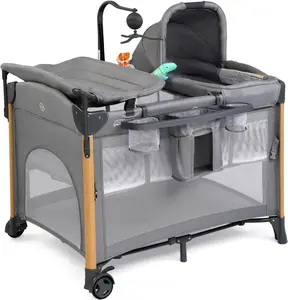 JOYMOR 7 in 1 Bedside Bassinet with Changing Table, All in One Nursery Center, Bedside Sleeper with Mattress, Sheet, Canopy, Storage Shelf and Hanging Toy