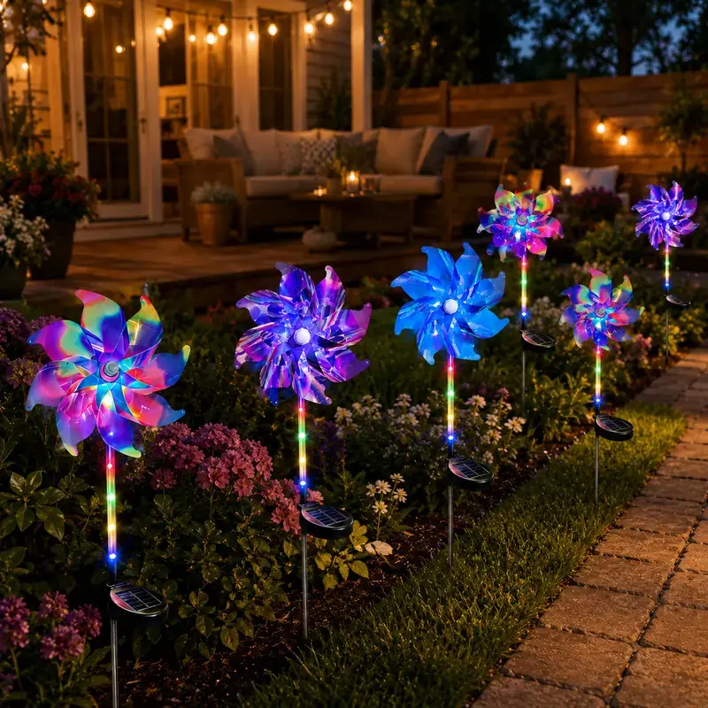 2-Pack Solar Wind Spinner Lights, Multicolor LED Pinwheel Garden Stakes, Wind-Powered Kinetic Outdoor Decor for Pathway, Lawn, Patio and Flower Bed