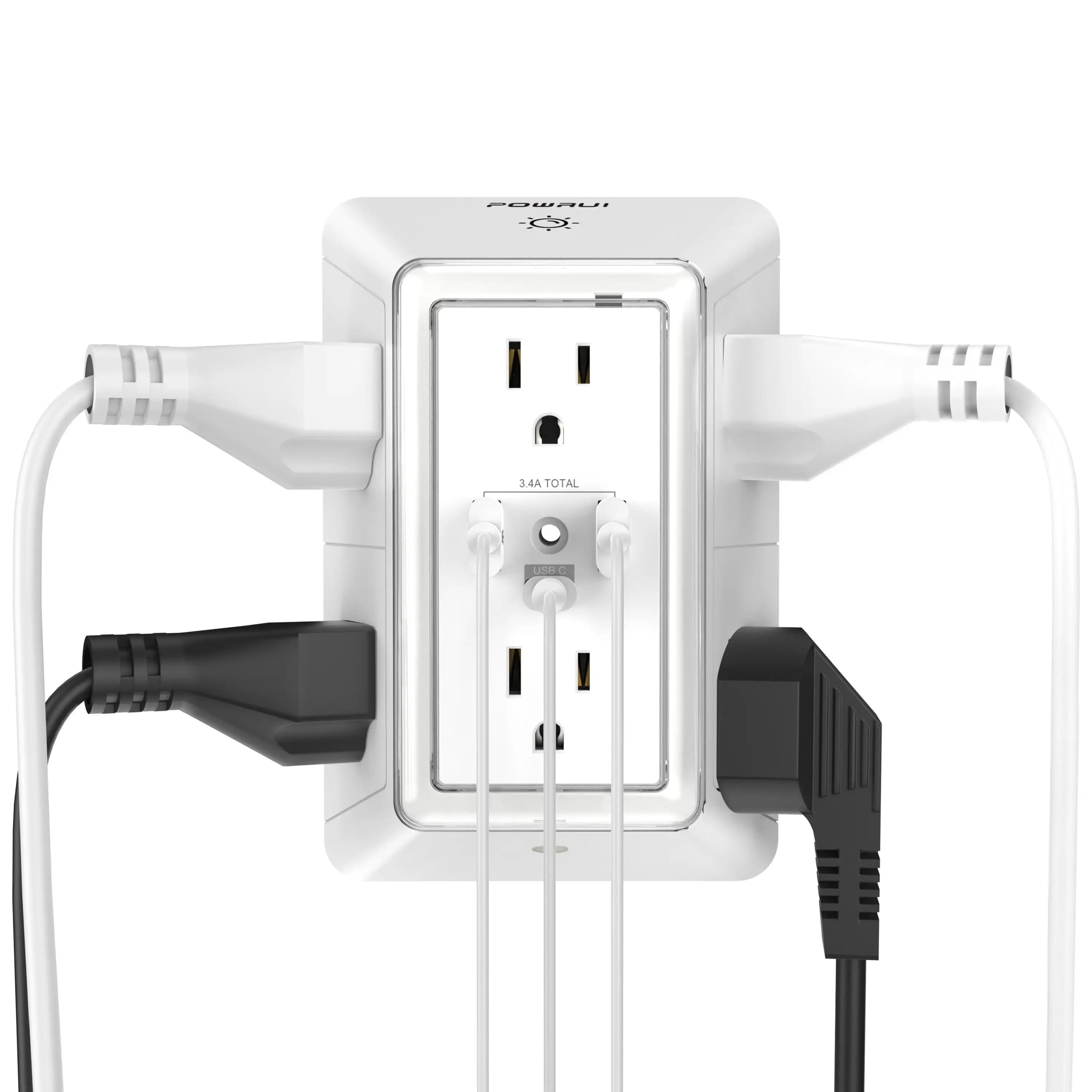 Multi Plug Outlet Surge Protector - POWRUI 6 Outlet Extender with 3 USB Ports (1 USB C) and Night Light, 3-Sided Power Strip with Adapter Spaced Outle