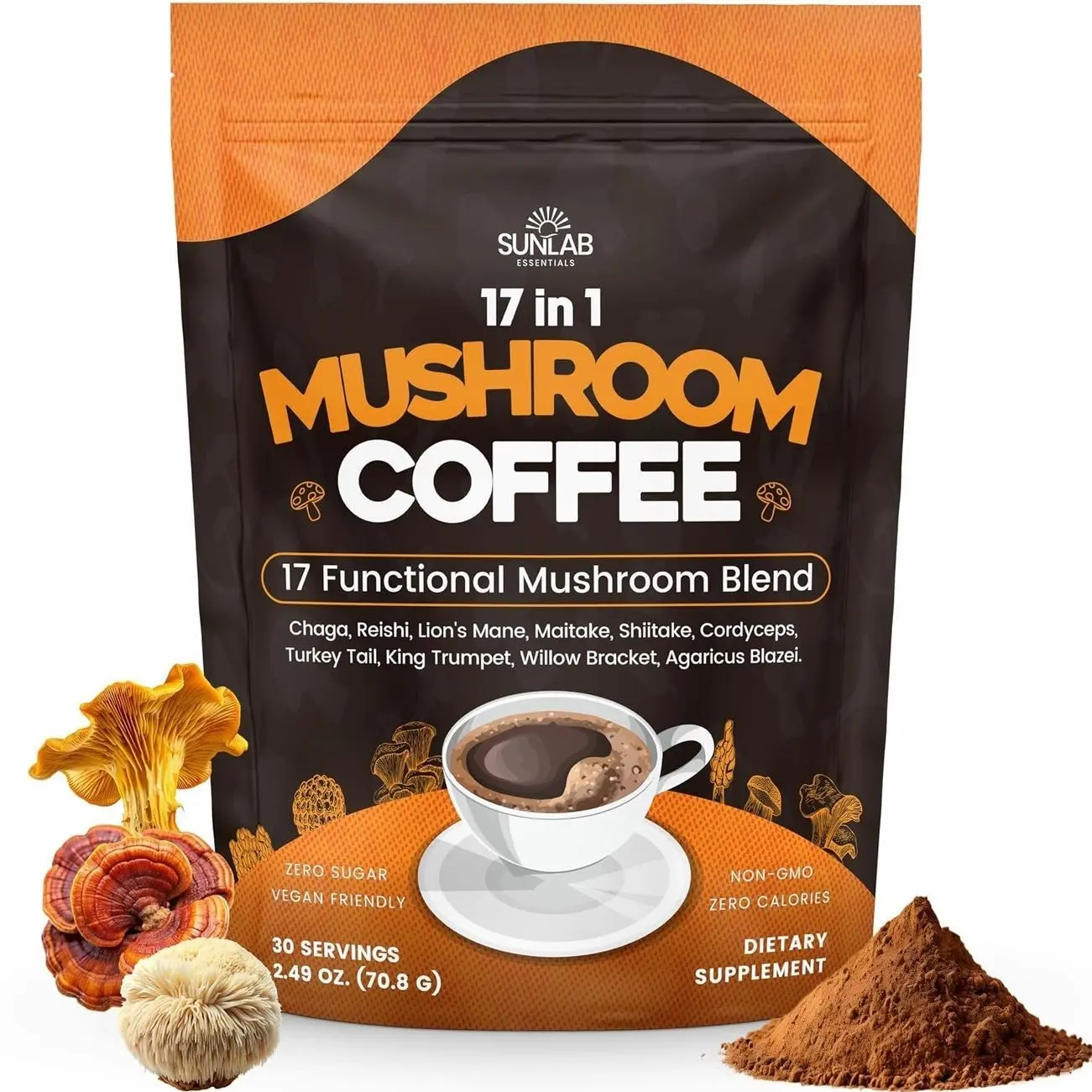 Organic Mushroom Coffee 17 Functional Mushroom Blend (Lion's Mane, Reishi, Chaga, Cordyceps, Turkey Tail & More) Gourmet Arabica Instant Coffee for Immunity, Focus & Energy - USA Made - 30 Servings
