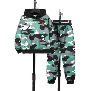 Ready Stock 2pcs Tween Boys' Fall Winter Clothes Camouflage Pattern Hooded Sweatshirt with Kangaroo Pocket and Elastic Pants Outfit for 8-12Y Boys Outdoor 42508025