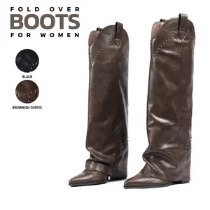 Fold Over Knee High Boots For Women Pointed Toe Chunky Block High Heel Side Zipper Studs Slouchy Pull On Fashion Comfortable Retro Chic Rider Party Date Dress Cowboy Cowgirl Trendy Tall Boots