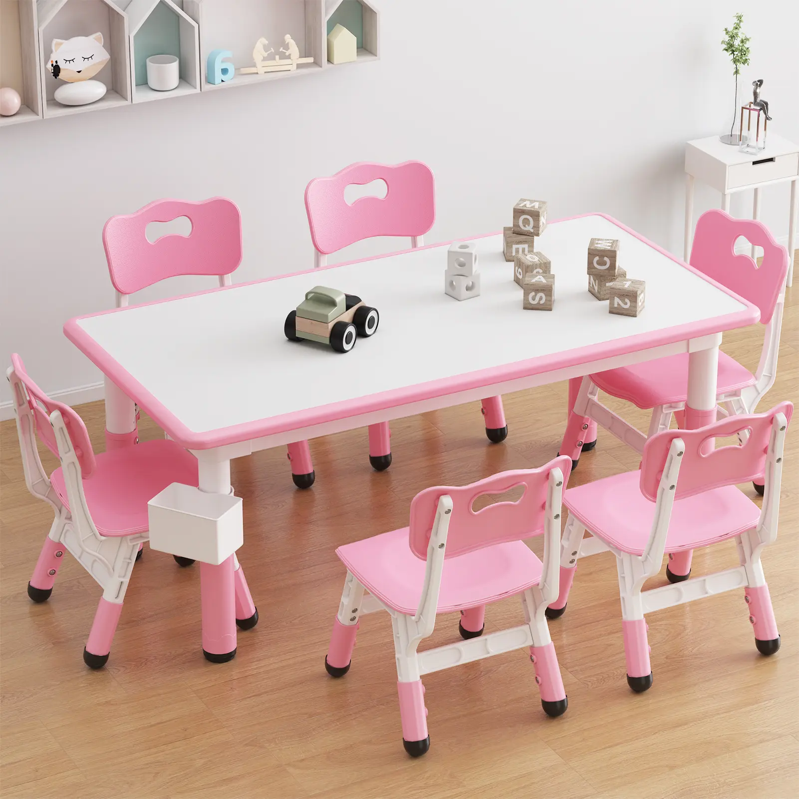 Height Adjustable Kids Furniture Set - 1 Graffiti Desktop Table, 6 Chairs, Ergonomic Design, Detachable Storage Box, Non-Slip Legs, Easy-to-Clean Surface, CPC Certified for Playroom, Study Room