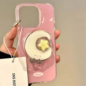 Magnetic pleated pink phone case with rotating star moon magnetic bracket for iPhone 11 12 13 14 15 16 17 Pro Max