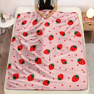 1pc Strawberry Blanket | Pink Flannel Throw with Red and Green Strawberries, Soft Lightweight Warm Birthday Gift, Machine Washable, Reversible, Polyester, All-Season Room Decor, Cozy Home Accessory