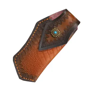 Embossed Cowhide Leather Sheath for Folding Knife, Hand-Carved Leather Protective Case for Fruit Knife & Outdoor Knife