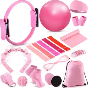 18 count  Pilates Ball and Ring Circle Set Yoga Fitness Essentials Kit with 5 Resistance Band Stretching Strap Non Slip Sock Ball Core Slider Wristband Headband Gym Bag for Women